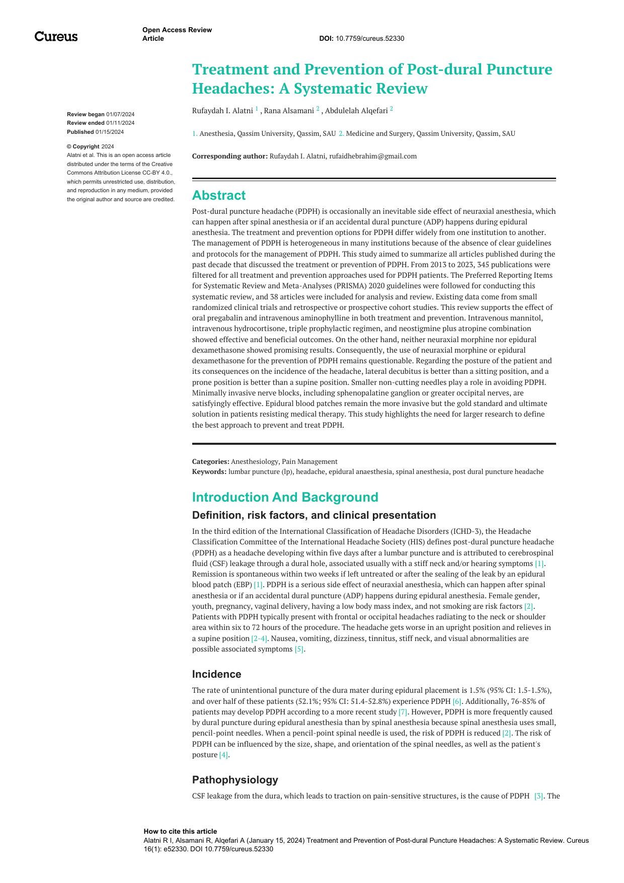 Treatment and Prevention of Post-dural Puncture Headaches: A Systematic Review
