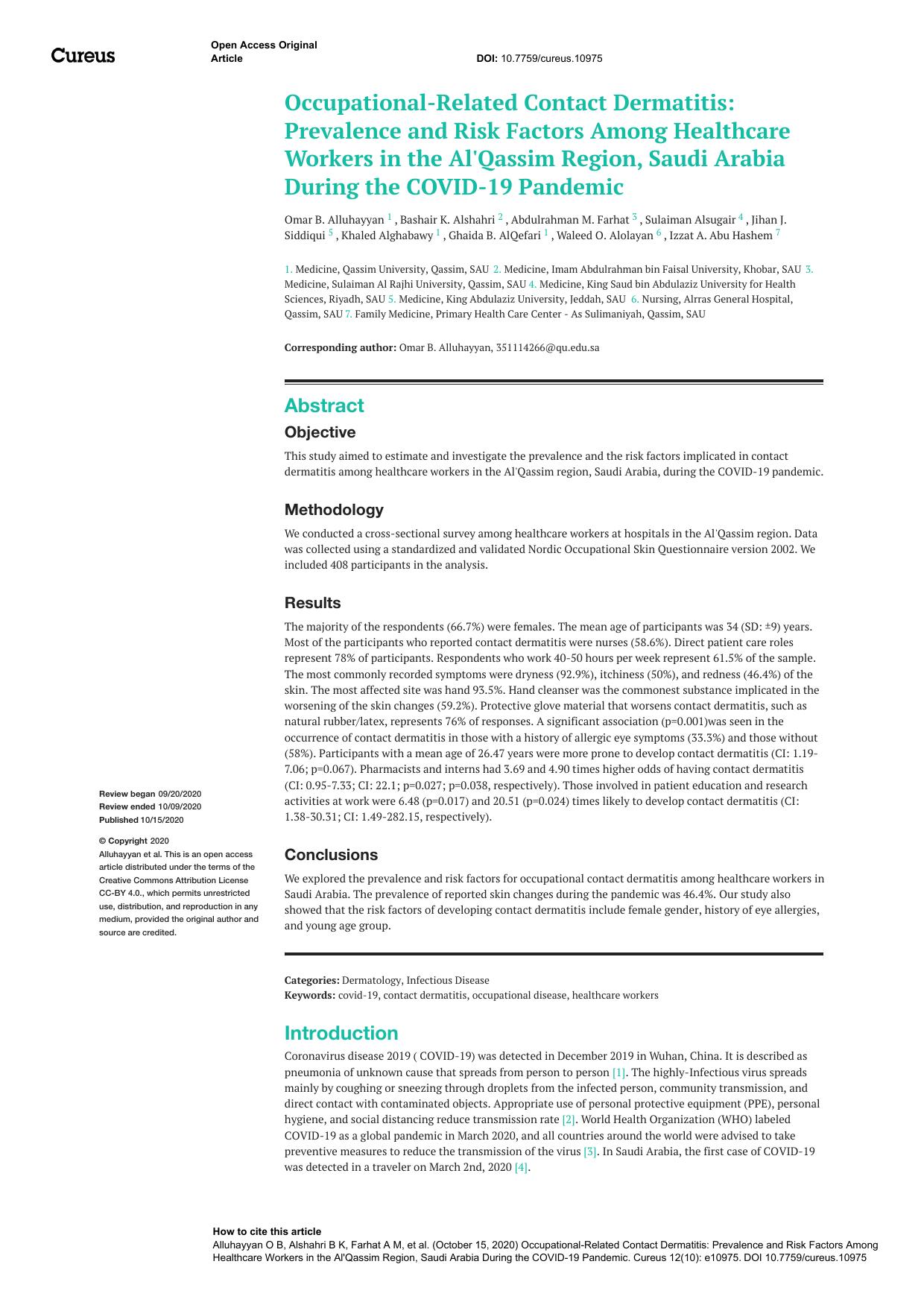 Occupational-Related Contact Dermatitis: Prevalence and Risk Factors Among Healthcare Workers