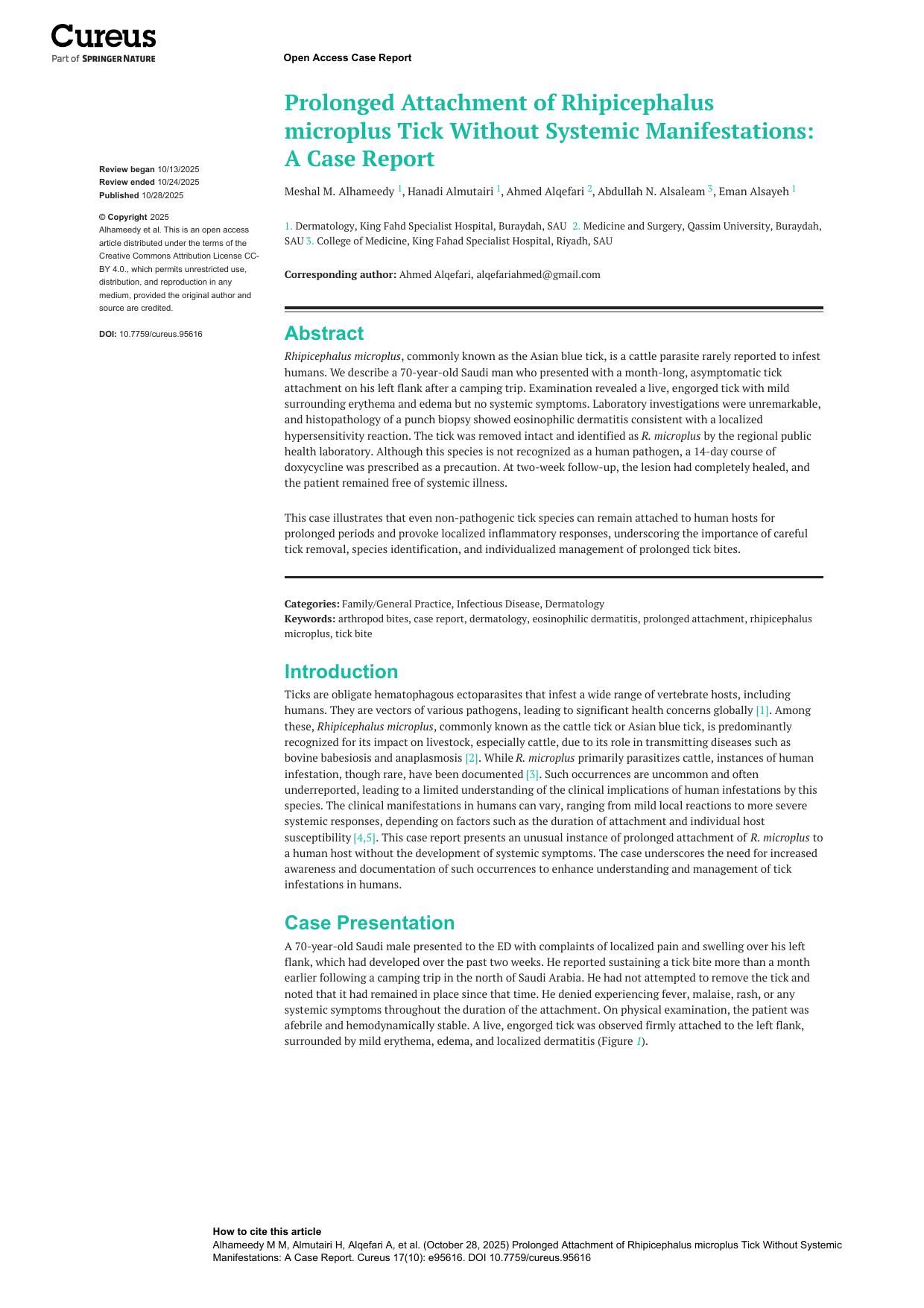 Prolonged Attachment of Rhipicephalus microplus Tick Without Systemic Manifestations: A Case Report