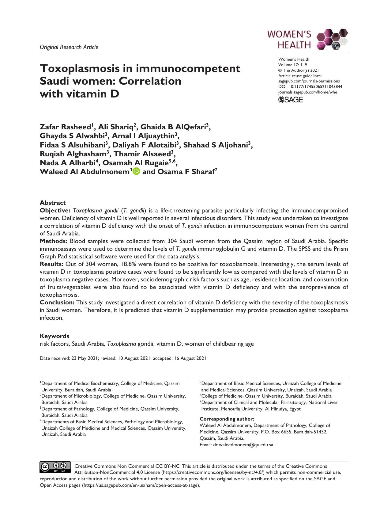 Toxoplasmosis in Immunocompetent Saudi Women: Correlation with Vitamin D