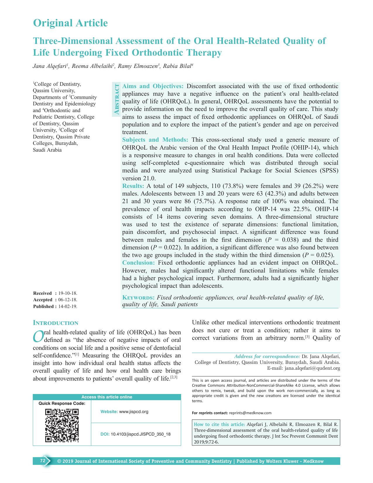 Three-Dimensional Assessment of the Oral Health-Related Quality of Life Undergoing Fixed Orthodontic Therapy
